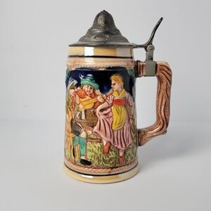 Vintage Made in Japan Germany Style Beer Stein Woodland Theme Ceramic Metal Top